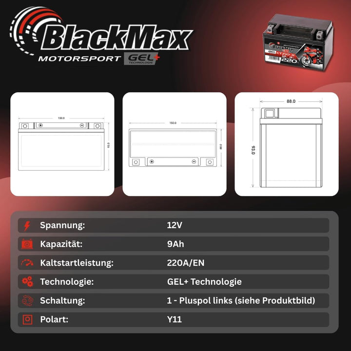 BlackMax YTZ10S Motorradbatterie GEL 12V 9Ah Akku GTZ10-S YTZ10-S-BS GEL12-10B-4 9Ah - 210A - YTZ10S