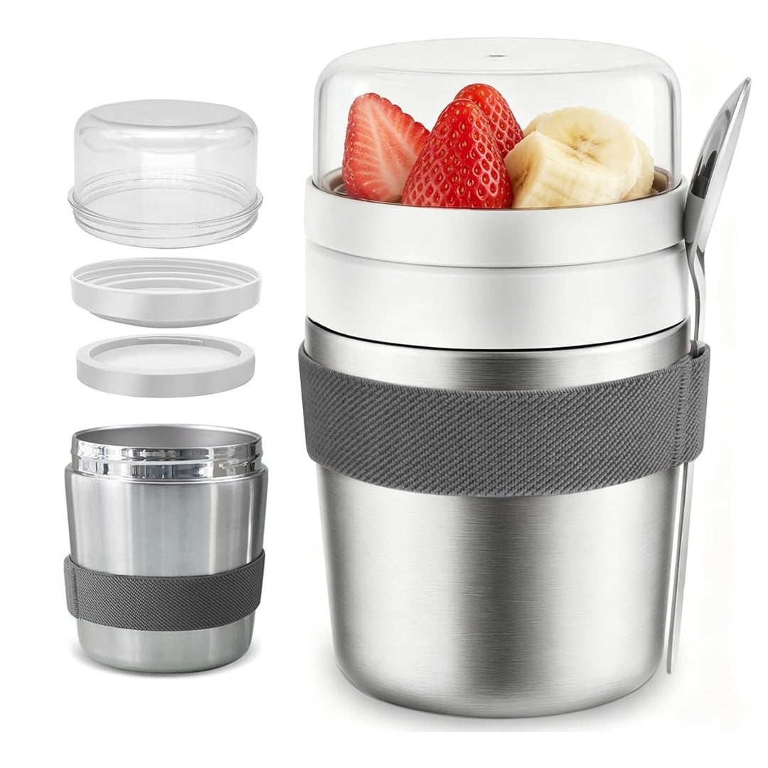 Edelstahl Müslibecher to Go 500ml+220ml mit Löffel, Doppelwandiger Vakuumisolierter Joghurtbecher, A