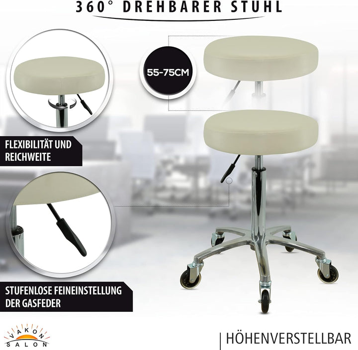 Premium Rollhocker weiss höhenverstellbar von 55 bis 75 cm - Rundsitz- Drehhocker Arbeitshocker Prax