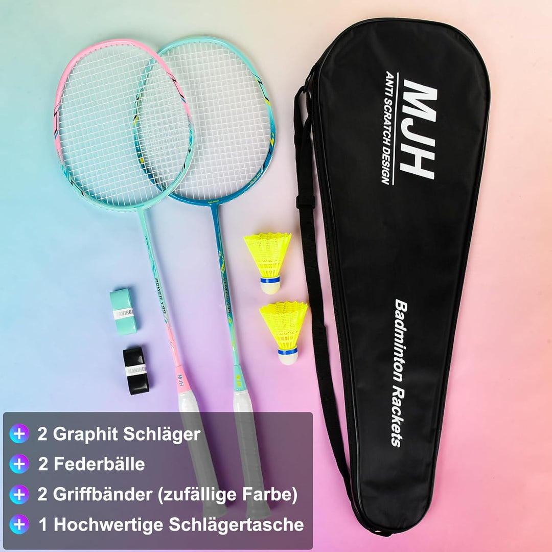 Badminton Set mit 2 Graphit Schläger - Kratzfestes Design - Federball Set für Erwachsene Incl. Feder