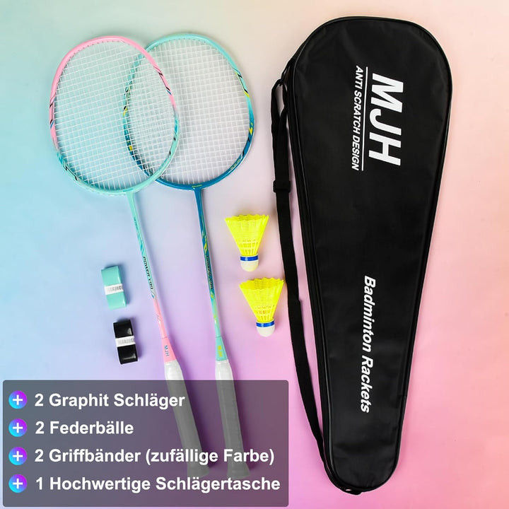 Badminton Set mit 2 Graphit Schläger - Kratzfestes Design - Federball Set für Erwachsene Incl. Feder