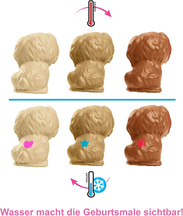 Barbie Newborn Pups Playset, Puppe mit blonden Haaren, Hundeset, inkl. 3 Welpen, 10 Accessoires, Far