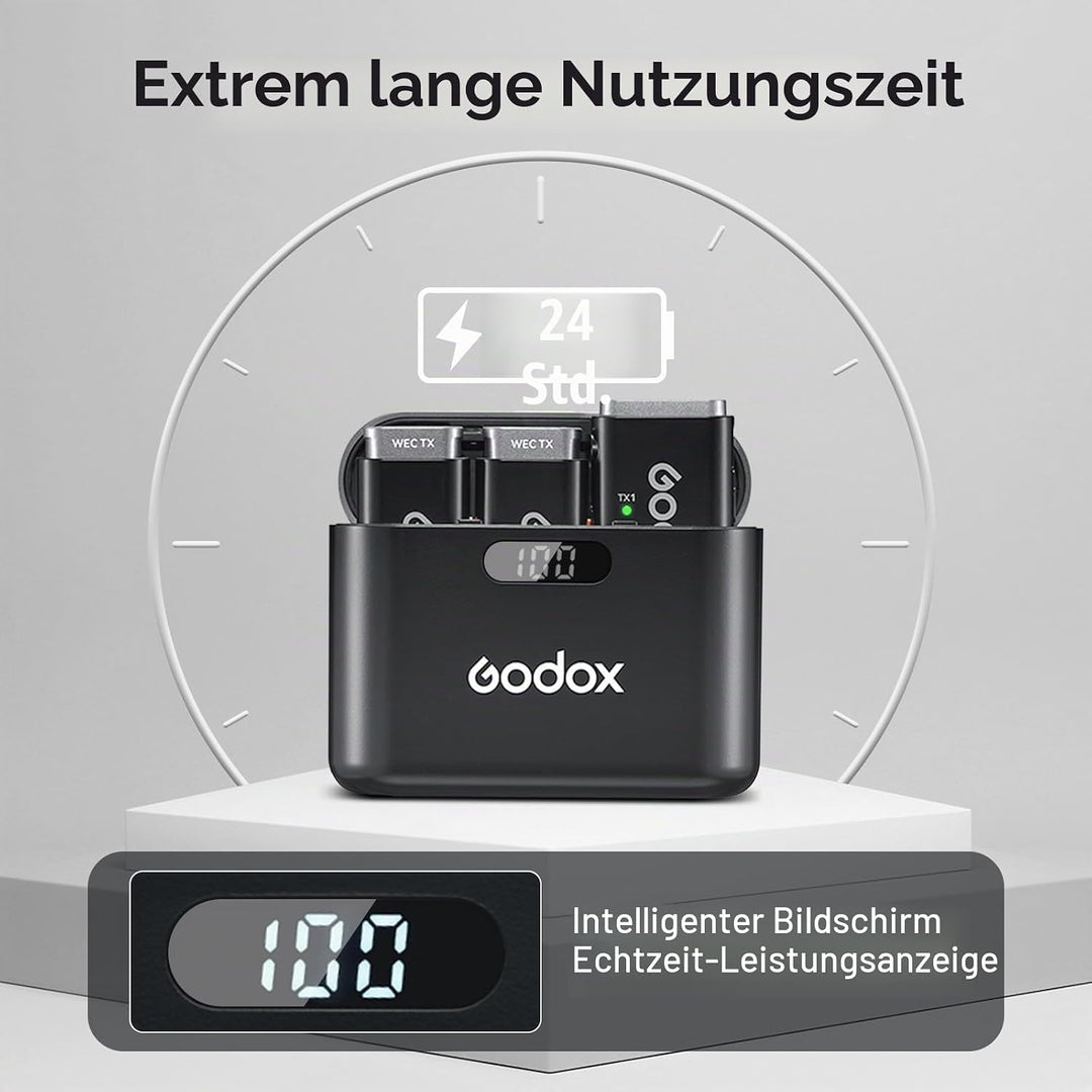 Godox WEC kit2 Drahtloses Lavalier-Mikrofon,8 Stunden Akkulaufzeit, kabelloses Zweikanal-2,4-G-Mikro