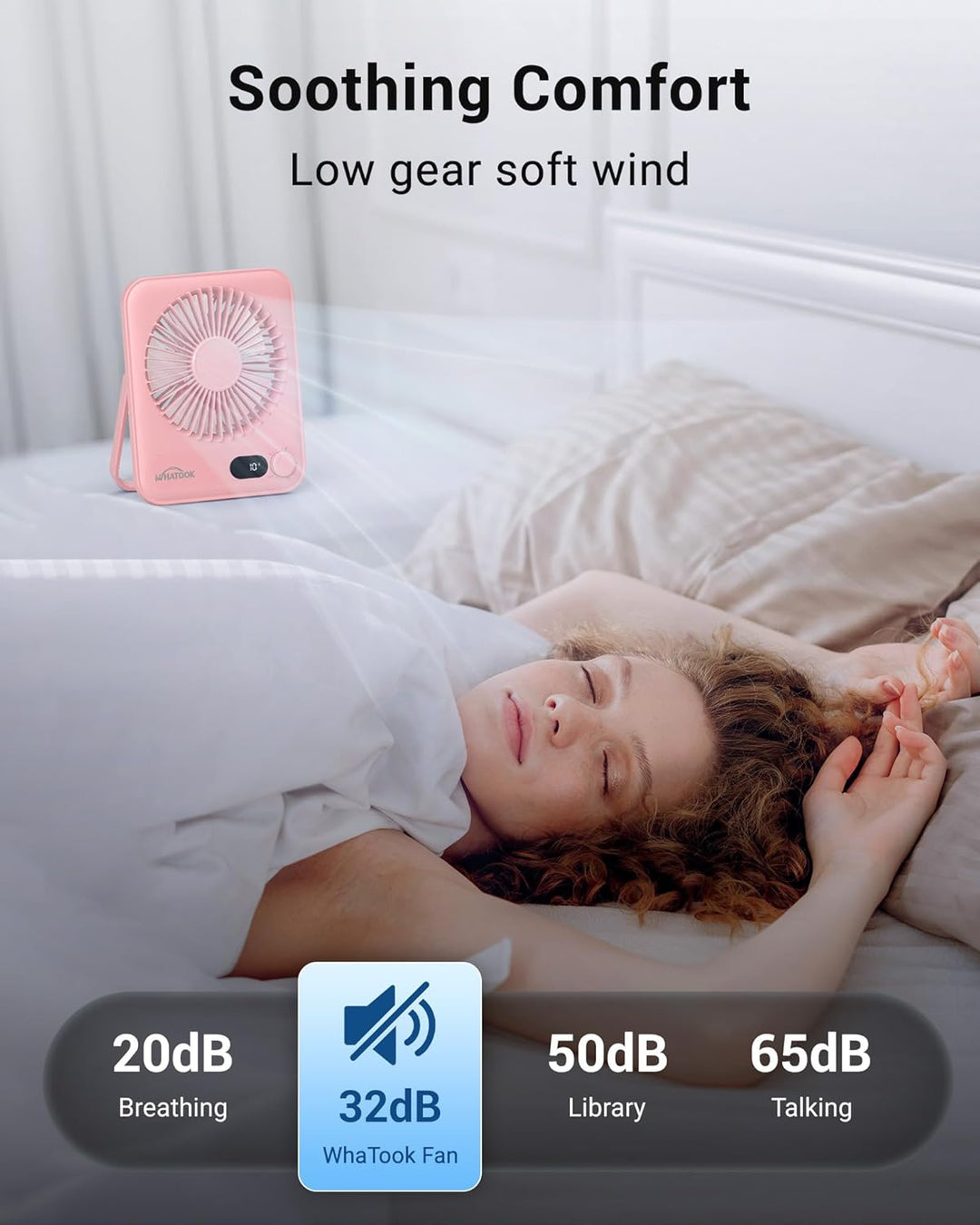 WHATOOK Leiser USB-Tischventilator: Stufenlos 1-100 Regler, 2000mAh Akku Tragbarer Lüfter mit LED-An