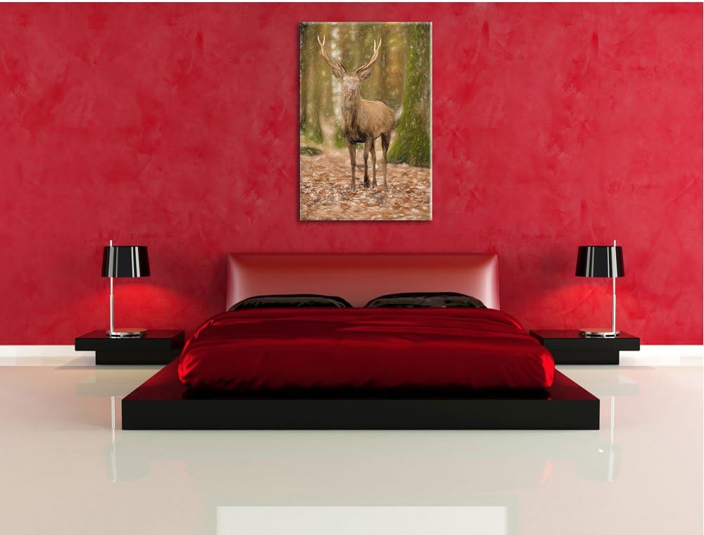 Pixxprint Schöner Hirsch im Wald als Leinwandbild/Grösse: 100x70 cm/Wandbild/Kunstdruck/fertig bespa