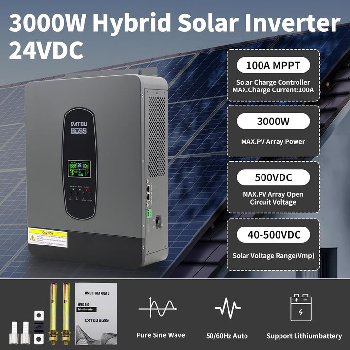 DATOUBOSS Hybrid Wechselrichter 24V 3000W, Hybrid Solar Wechselrichter 24V Reiner Sinus, 24V DC auf