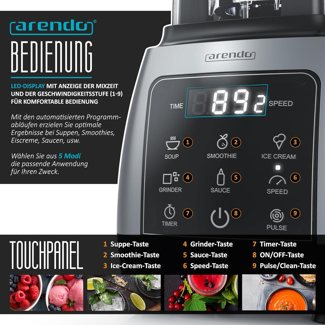 Arendo - Standmixer 2000 Watt mit Touchpanel - Hochleitungsmixer - 2L - 9 Geschwindigkeitsstufen – m