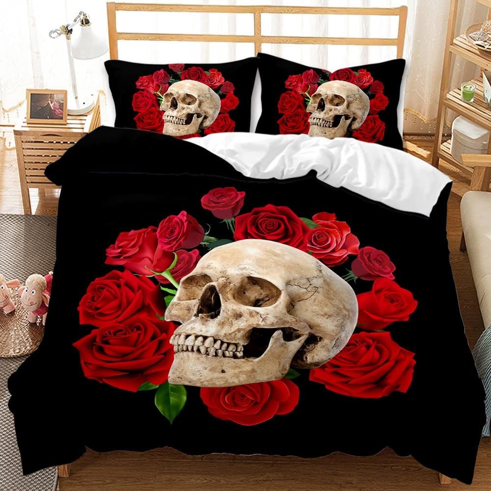 TULTOAP Bettwäsche 135x200 3D-Druck Blumen und Schädel Bettbezug Rose Totenkopf Bettwäsche Gothic Be