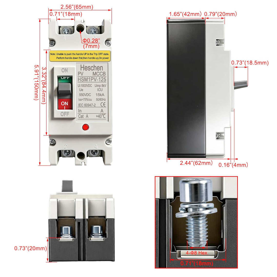 Heschen DC-Leistungsschalter MCCB, 2-polig, DC550V, Photovoltaik-Leistungsschalter, für PV-Solaranla