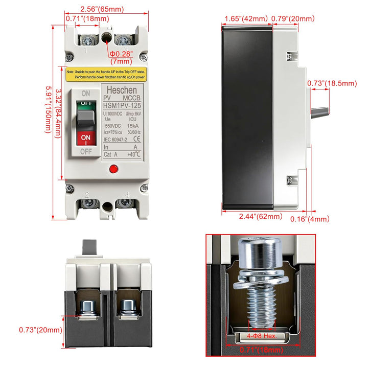 Heschen DC-Leistungsschalter MCCB, 2-polig, DC550V, Photovoltaik-Leistungsschalter, für PV-Solaranla