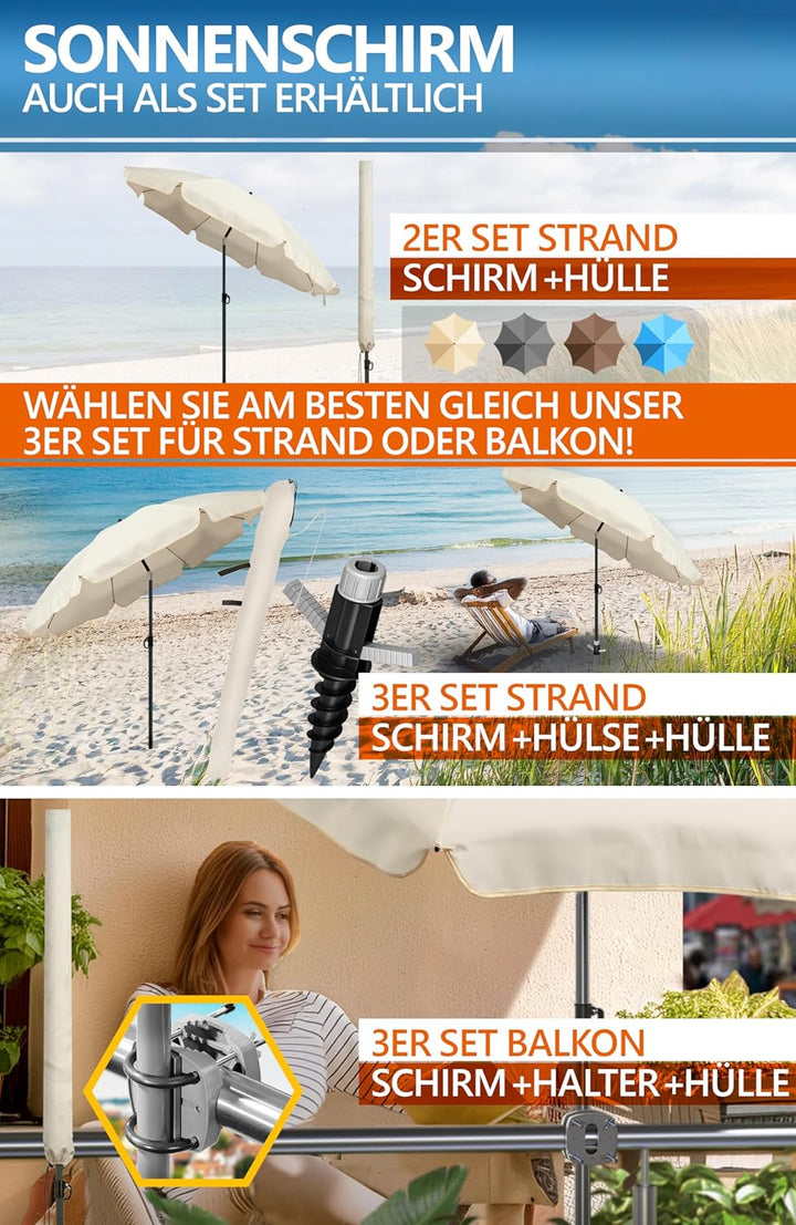 4smile Sonnenschirm Balkon Ø 180cm, Beige - Sonnenschirm Strand mit Hülle - Balkonschirm mit Knickfu