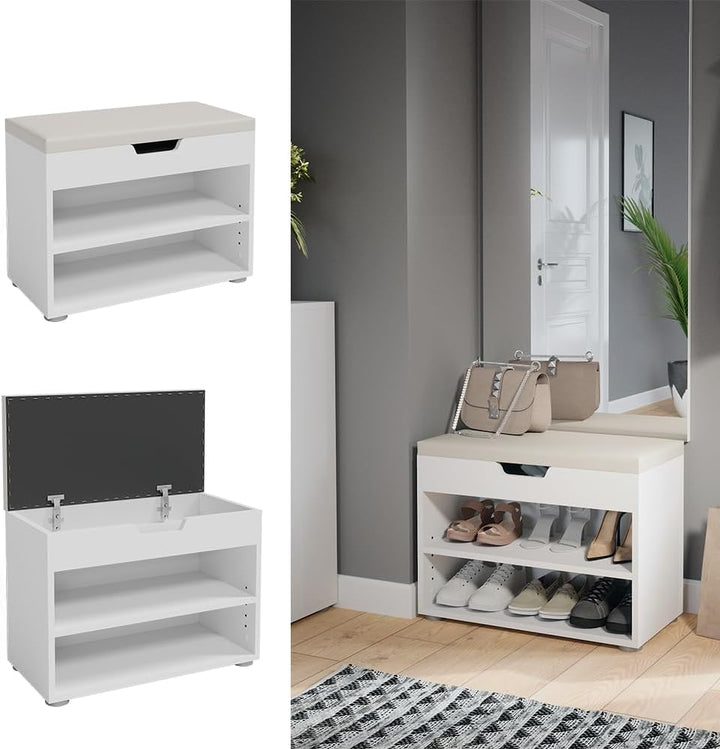 Vicco Schuhbank Rolfe, Sitzbank mit Stauraum, Weiss, 60 x 45 cm, Weiß