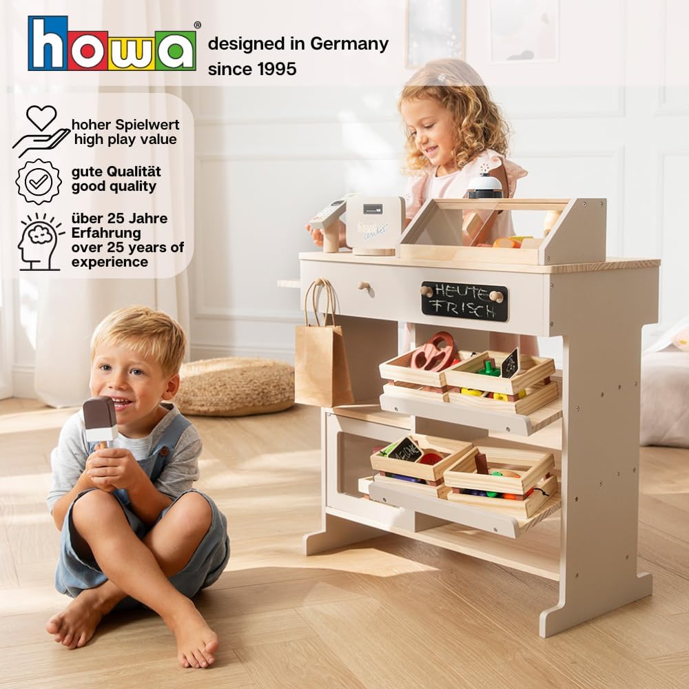 howa Kaufladen - Kaufmannsladen aus Holz, mit Spielkasse und Spielzeugkartenleser, Tafel für Kreide,