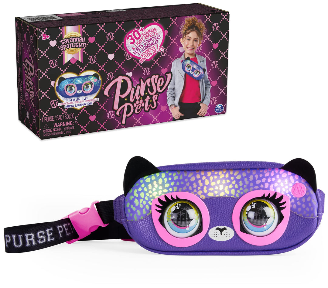 Purse Pets, Savannah Spotlight Gürteltasche, interaktive Stofftier-Umhängetasche mit über 30 Geräusc