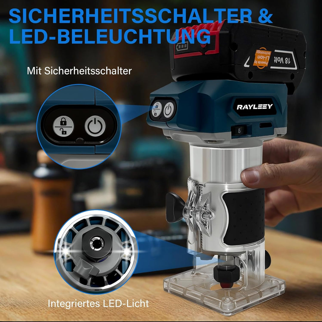 Akku Oberfräse für Bosch 18V Akku, 800W Akku-Kantenfräse Set mit 6 Geschwindigkeit, 30000 U/min Bürs
