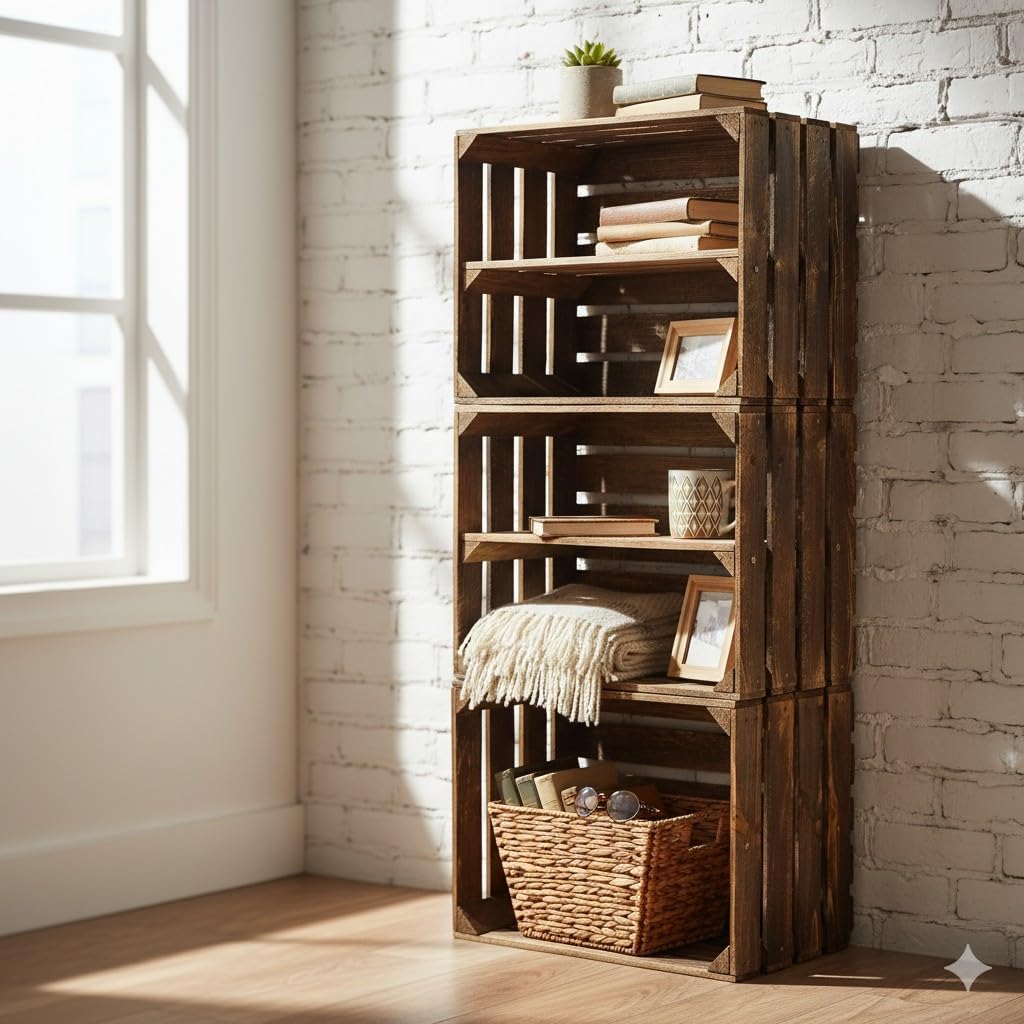 Teramico Holzkisten Obstkisten Weinkisten geflammt dunkel 50 x 40 x 30cm in tollen Set-Angeboten als