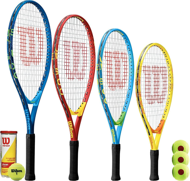 Wilson US Open Junior Tennisschläger + 3 Tennisbälle (alle Juniorgrössen) 63,5 cm blau/gelb (Alter 9