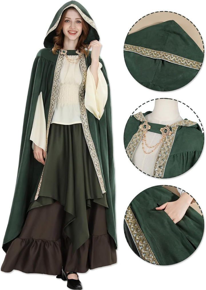 Fiamll Mittelalter Umhang Damen Kapuze Mantel mit Manschette Einfarbige Trenchcoat Renaissance Vampi