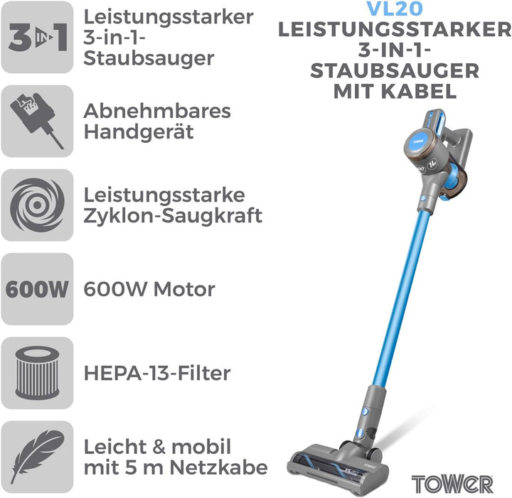 Tower T513006 VL20 3-in-1 Leistungsstarker Staubsauger mit Kabel, Integrierter HEPA-Filter, 1 L Kapa