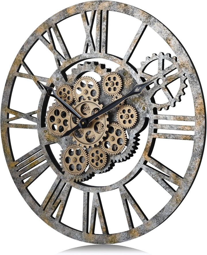 Lafocuse 57cm Vintage Wanduhr Grosse mit Beweglichen Zahnrädern, Shabby Chic Holz, Industriell Steam