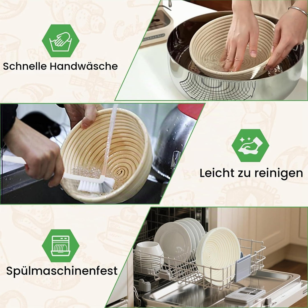 GEEKHOM Gärkörbchen Rund 23cm aus Natürlichem Rattan - Gärkorb Brot mit Waschbarem Bäckerleinen für