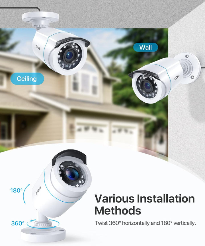 ZOSI 4 Stück 2MP 1080P Outdoor Video Überwachungskamera Set mit Netzteil und Videokabel, 1080P TVI H