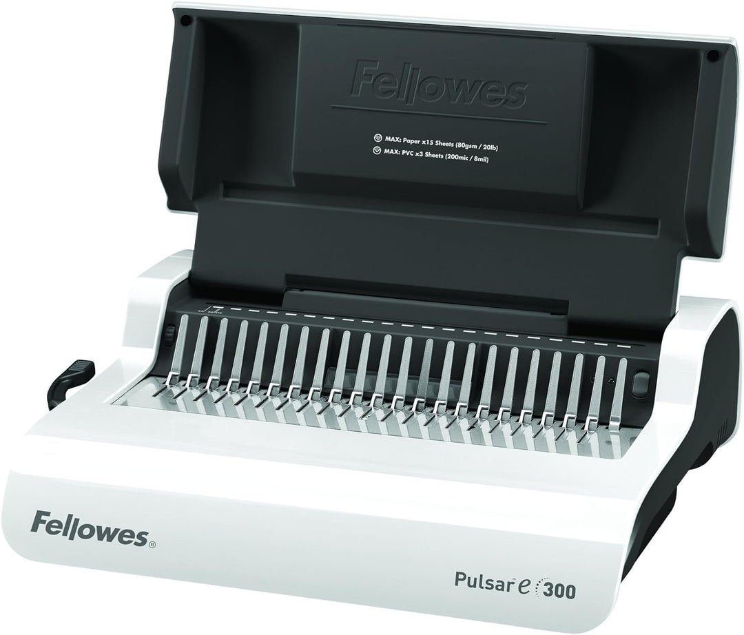 Fellowes 5620701 Kleinbüro Plastikbindegerät Pulsar-E 300 weiss/Silber, elektrisch Stanzleistung 20