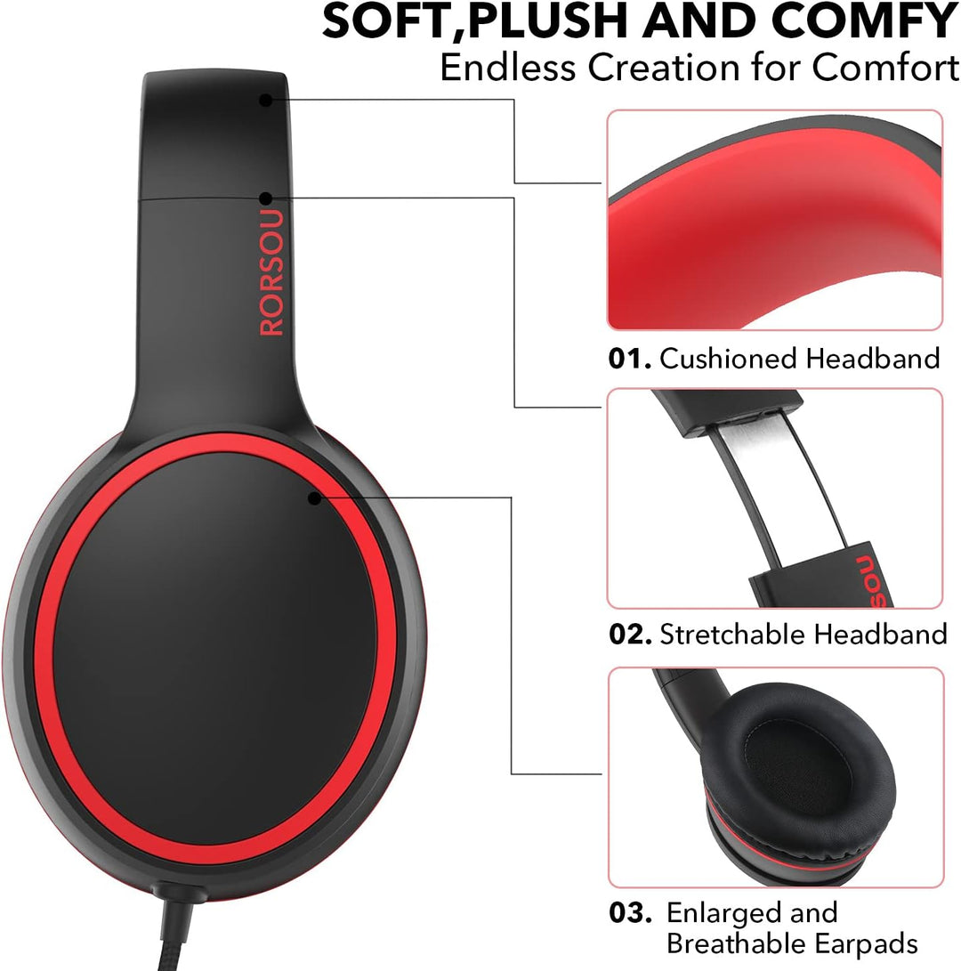RORSOU R10 Over-Ear-Headphones mit Mikrofon, leichte Faltbare Stereo-Bass-Headset mit 1,5 m Nicht ve