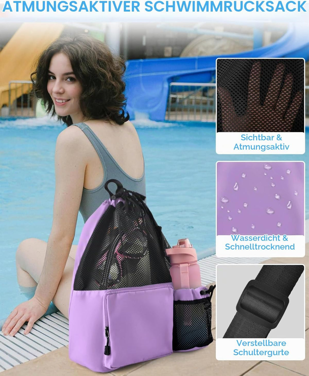 BROTOU Schwimmen Tasche, Schwimmtasche Mesh-Rucksack mit Kordelzug, Strandrucksack Turnbeutel Sportb