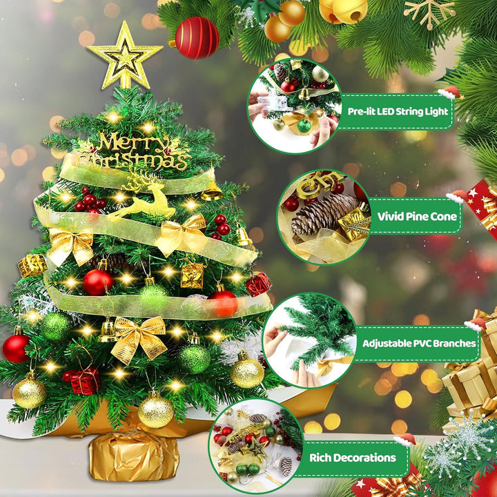 60cm Mini Weihnachtsbaum mit LED Beleuchtung,Kleiner Künstlicher Weihnachtsbaum mit Beeren Weihnacht