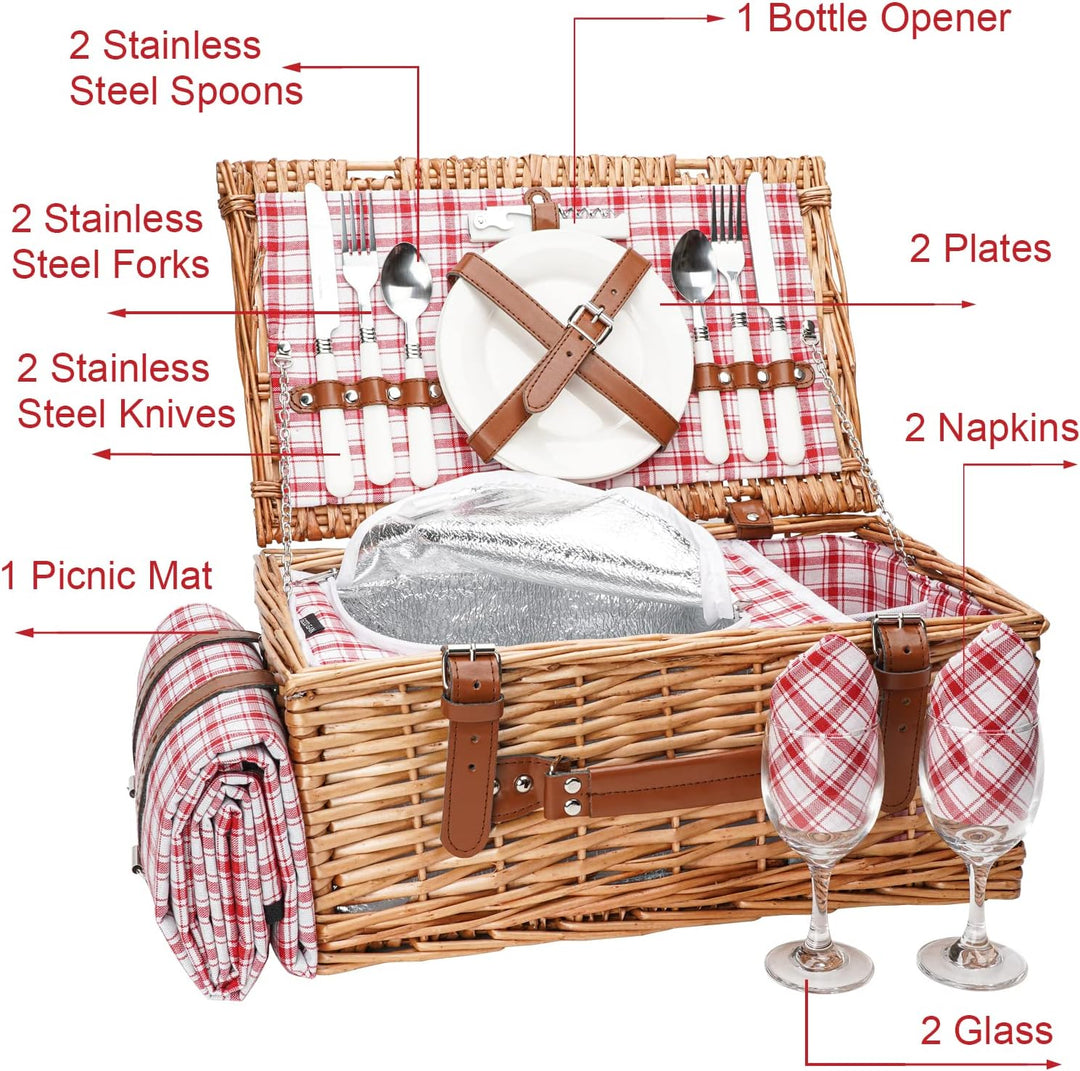 Weiden-Picknickkorb-Set für 2 Personen mit wasserdichter Picknickdecke und grossem isoliertem Kühlfa