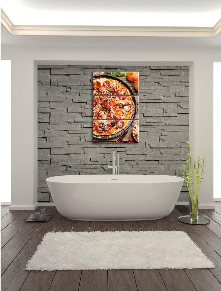 Pixxprint Leckere Pizza auf Holztisch / 3-Teilig/Gesamtmass 120cm Leinwandbild bespannt auf Holzrahm