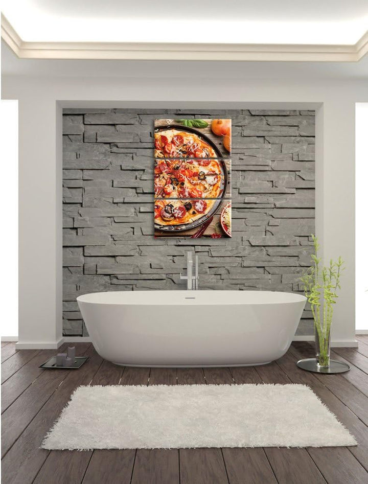 Pixxprint Leckere Pizza auf Holztisch / 3-Teilig/Gesamtmass 120cm Leinwandbild bespannt auf Holzrahm