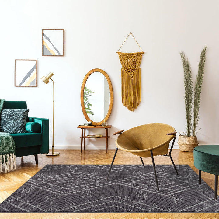 payé Teppich Wohnzimmer Ethno Berbermuster - Grau 140x200cm - Hochflor weich Boho Schlafzimmer Flur