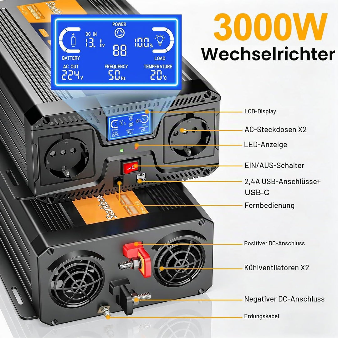 3000W/6000W Wechselrichter 12v auf 230v Reiner Sinus Spannungswandler Power Inverter mit LCD-Bildsch