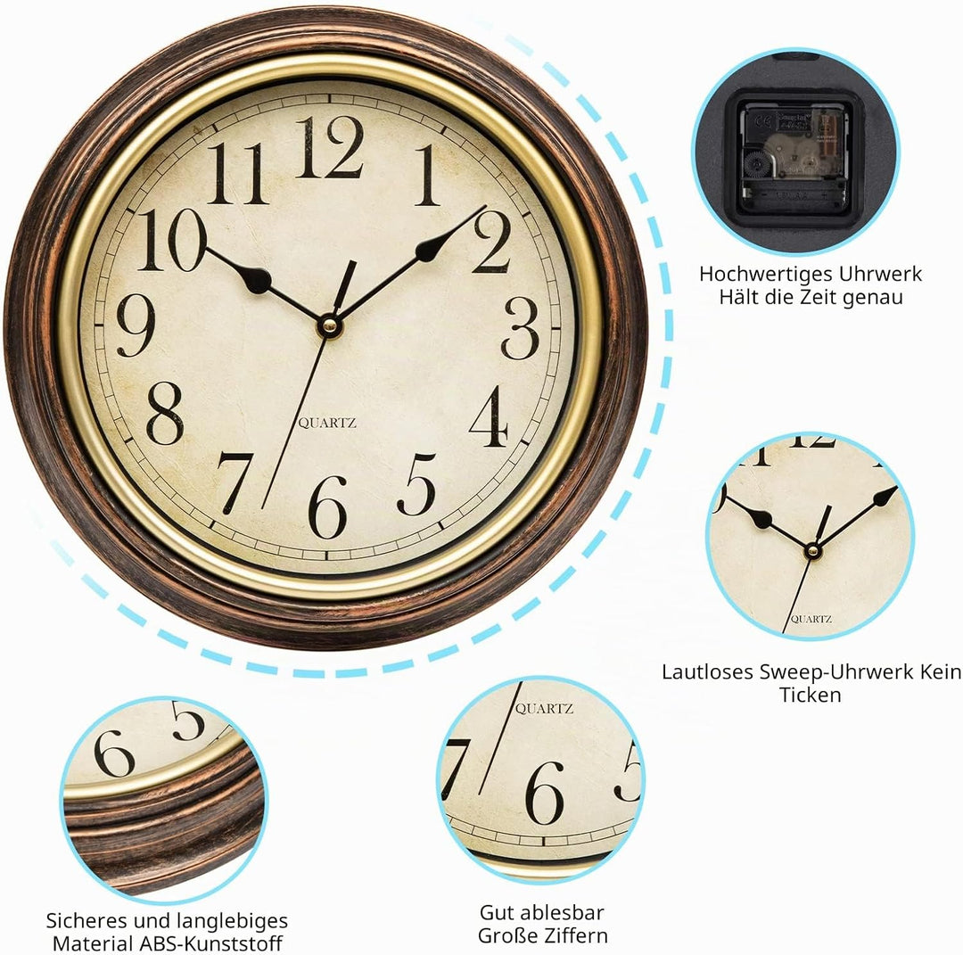 Wanduhr Ohne TickgeräUsche Lautlos Vintage 30cm Quarz Gross Batterie Betriebene Einfach zu Lesen für