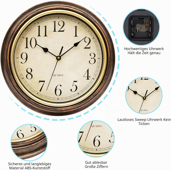 Wanduhr Ohne TickgeräUsche Lautlos Vintage 30cm Quarz Gross Batterie Betriebene Einfach zu Lesen für