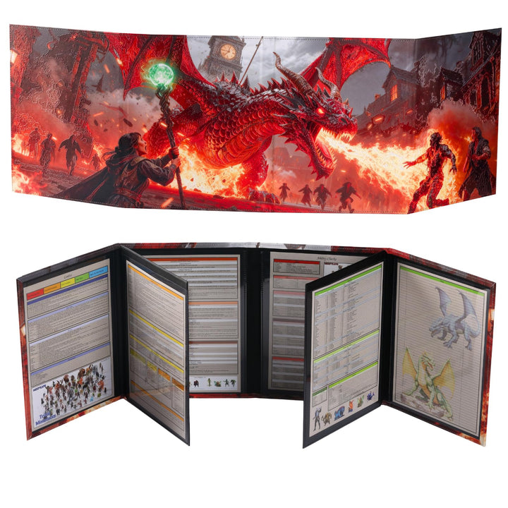 DND 5e DM Screen Deluxe-8 Kunstleder-Panels 2 schwenkbaren Nasslösch-Taschen&3D Relief Drachen Krieg
