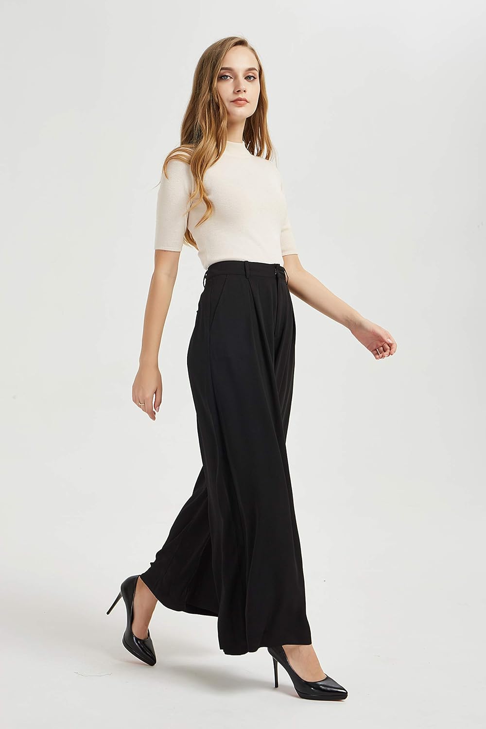 Tronjori Damen Hose Weites Bein Frauen Lange Hose mit Taschen Einfarbig Lose elastische Hohe Taille