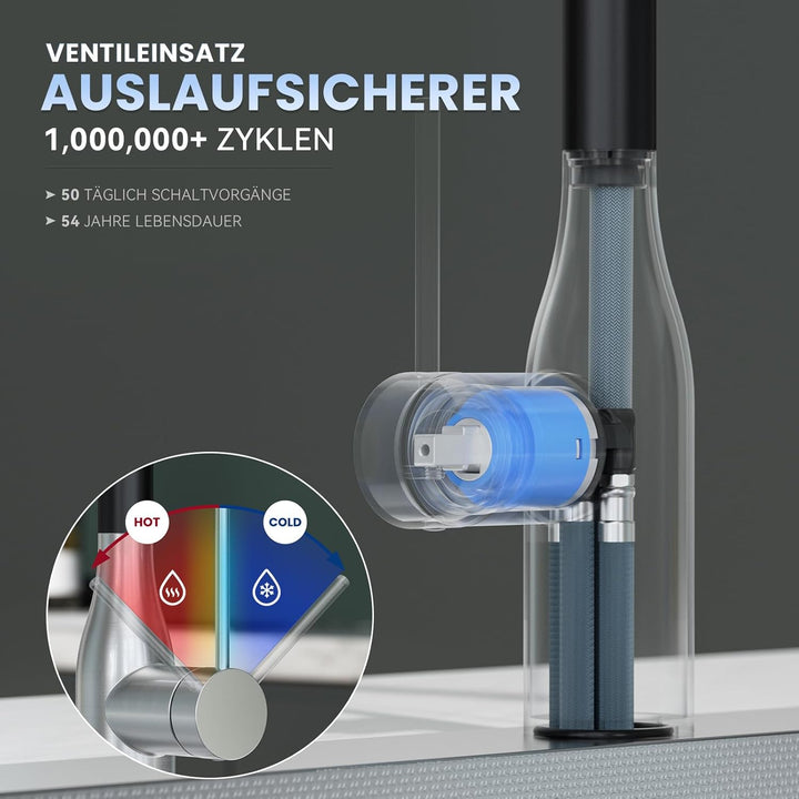 CECIPA Wasserhahn Küche Ausziehbar, Hochdruck Küchenarmatur Schwarz und Edelstahl, 360° Schwenk Arma