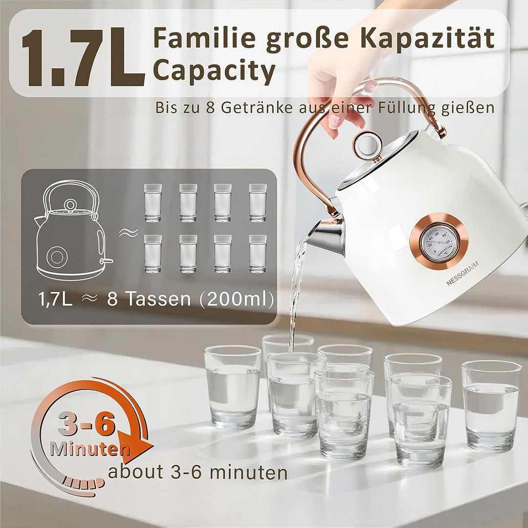 NESSGRAIM Retro Wasserkocher, 1,7 l Edelstahl-Teekessel mit Grosser Temperaturanzeige, 2200W Schnell