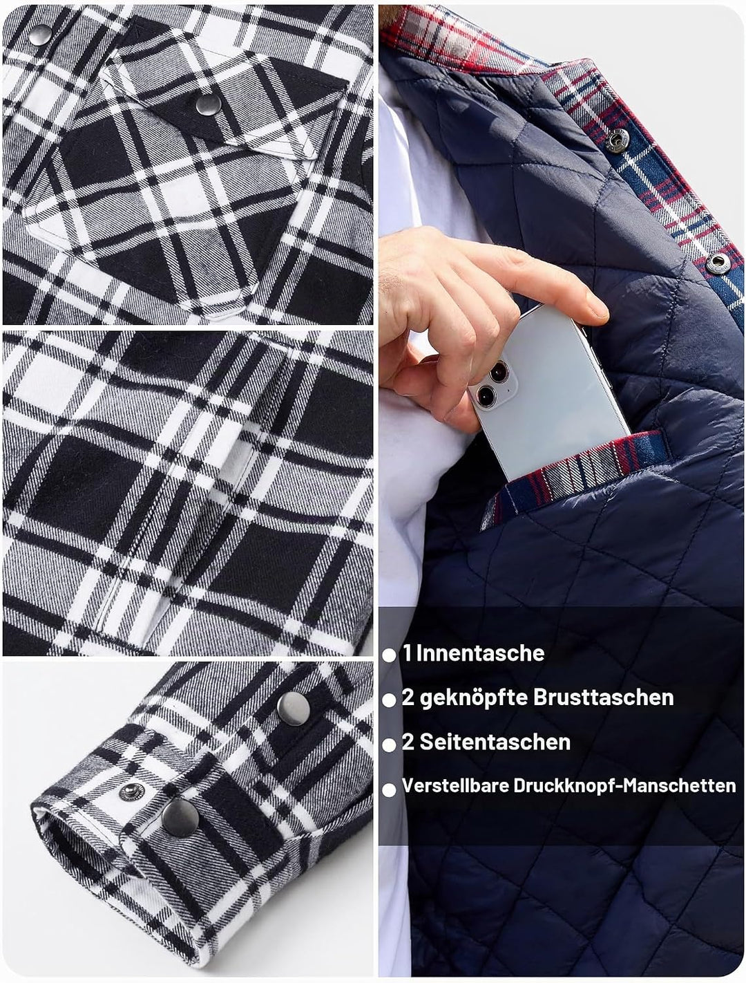 TACVASEN Herren Karierte Hemdjacke Flanellhemd Holzfällerhemd Thermohemd Jacke 3XL Schwarz, 3XL Schw