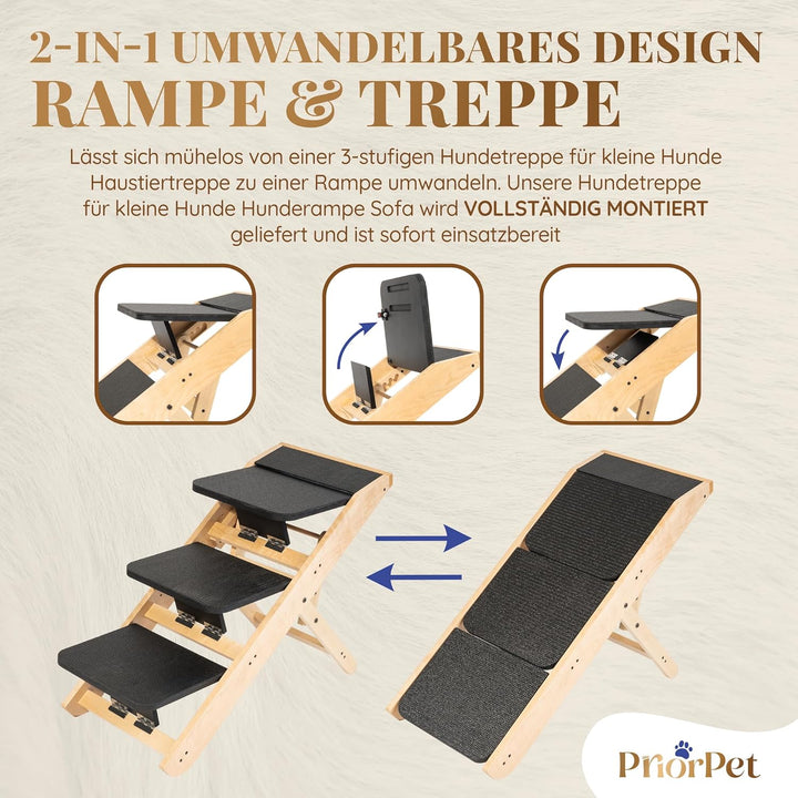 Hundetreppe für Bett & Sofa 2-in-1 Rampe - Höhenverstellbar bis 18-50 cm - für Kleine Hunde - leicht