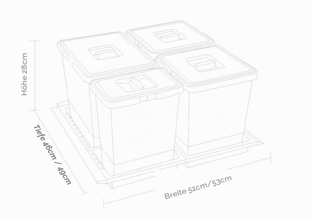 Abfalltrenner Set METROPOLIS, für Schubladen mit Breite 600 mm, Mülleimer 4 Fächer (2x 10L, 1x 15L,