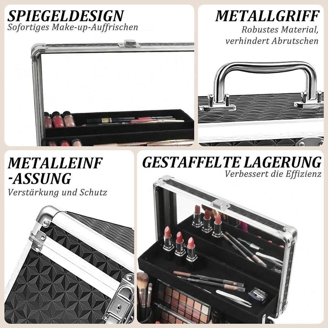 Kosmetikkoffer Hartschale mit Spiegel, Schminkkoffer Leer mit Schloss & Schlüssel, Schwarz Tragbarer