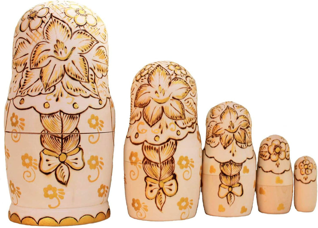 Semenowskaya Rospis Matroschka Babuschka Matryoshka Holz Figuren Sonnenblume 5 Puppen Holzbrandmahle