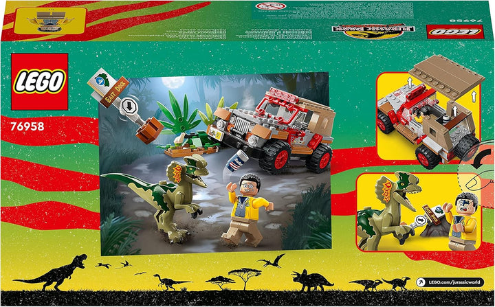 LEGO 76958 Jurassic Park Hinterhalt des Dilophosaurus, Dinosaurier Spielzeug Set mit Figur und Jeep