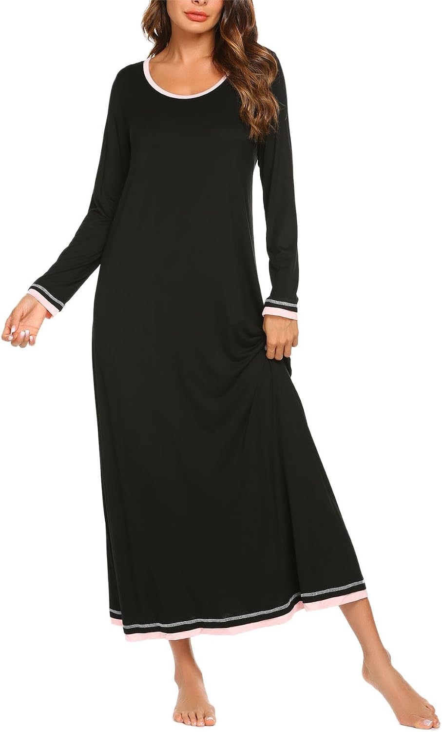Ekouaer Damen Nachthemd Langarm Elegant Sleepshirt Weich Schlafkleid Lange Nachthemden Kontrastfarbe