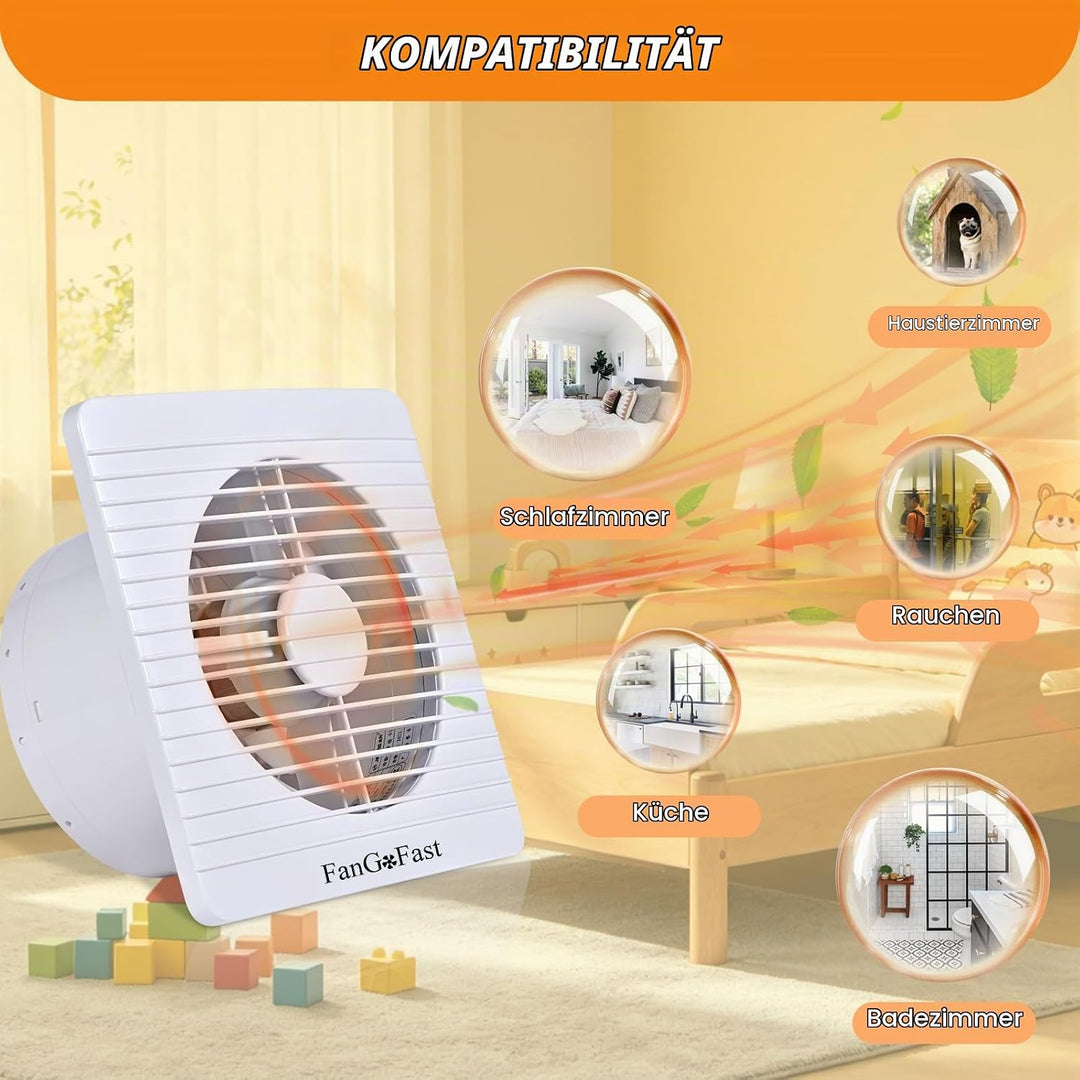 FanGoFast Badlüfter 100mm, 120m³/h Abluftventilator Leiser mit Rücklaufklappe, Leistungsstarke Wandv