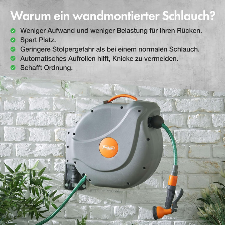 VonHaus Schlauchtrommel - Gartenschlauch Trommel für die Wandmontage mit 180° Schwenkbar & Aufrollau
